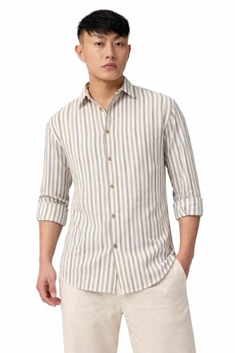 Image of The Souled Store: Echo Men and Boys Long Sleeve Spread Collar Beige and Blue Striped Regular Fit Casual Easy to Wear Summer Ready Lightweight Cotton Linen Shirt