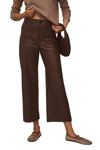 Women's Faux Leather Pants High Waisted Wide Straight Leg Pants PU Trousers with Pockets