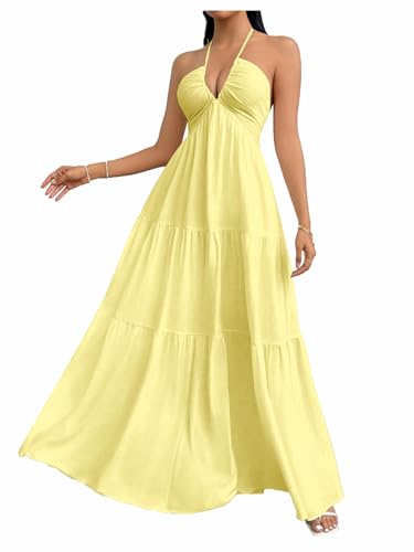 Image of SHENHE Women's Deep V Neck Tie Knot Backless Halter Dress A Line Flowy Ruffle Maxi Dress