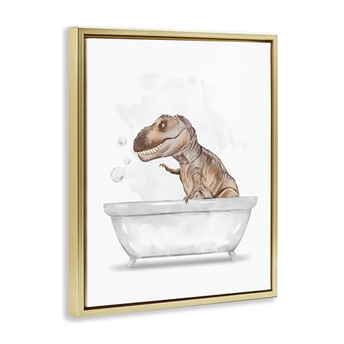 Image of T Rex Dino Bubble Bath Bathroom, 16 x 20 Inch Canvas in Floater Frame | Stupell Industries . By Ziwei Li . Ready to hang . Fun kids bathroom decor . Made in USA