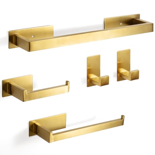 Virklyee Autoadhesiva Conjunto Toallero de 5 Piezas 43CM Set de Juego de Toallero de Acero Inoxidable Porta de Papel de Baño 2 Gancho de Toalla Colgante de Pared Juego de Accesorios de Baño(Oro)