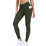 Vertvie Damen V Cross Sport Leggings Stretch High Waist Yogahose mit Versteckt Gesäßtasche Push Up Blickdicht Gym Leggings Elastische Workout Dick Laufhose Slim Fit Fitnesshose(V Crossover Olivgrün,M)
