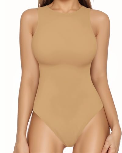 Image of MANGOPOP Women's Tank Top Bodysuit Crew Neck Sleeveless Racerback Halter Ribbed Body Suits Sexy Summer Going Out Tops