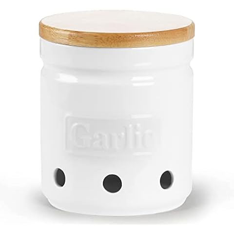 ONTUBE Large Garlic Keeper with Wooden Lid, Ceramic Garlic Holder Storage, Garlic Container for Kitchen, Garlic Saver to Keep Your Garlic Cloves Fresh Longer 4.5-Inch, White Cover