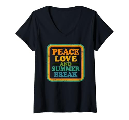 Womens Peace Love Summer Break Retro Vacation Vibes V-Neck T-Shirt