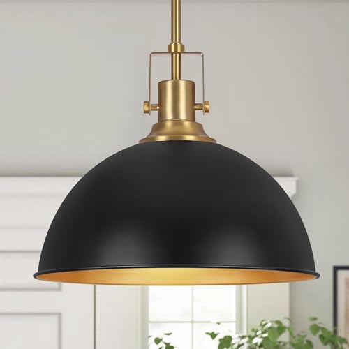 LamQee 13 Inch Black and Gold Metal Pendant Light Kitchen Island, Farmhouse Modern Dome Pendant Light Fixtures Ceiling Hanging Lighting Chandelier for Dining Room Over Table, Bar, Hallway, Entryway by LamQee - Used condition - US$75.00