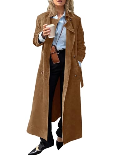 Tankaneo Womens Long Trench Coat Fall Faux Suede Jackets Double Breasted Lapel Pea Coat with Belt