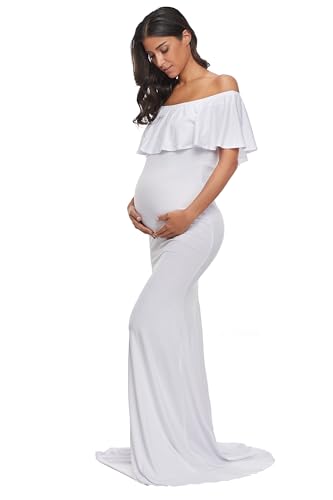 Glampunch Vestido de maternidad con hombros descubiertos para mujer, con volantes, elegante, ajustado, vestido largo para fotografía, Blanco, XXL