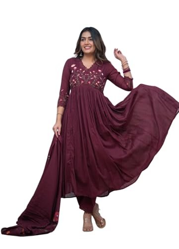 Image of Premium Cotton Embroidered Anarkali Suit Set for Women with Dupatta, Floral Embroidery, 3 Piece Set, Soft and Comfortable