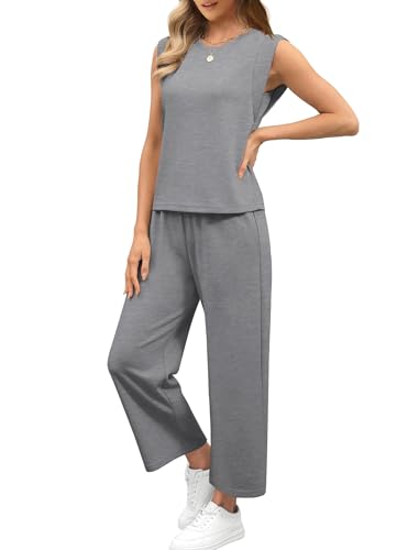 Image of SAMPEEL Two Piece Sets for Women Casual Travel Vacation Outfits Summer Wide Leg Crop Pants Lounge Sets