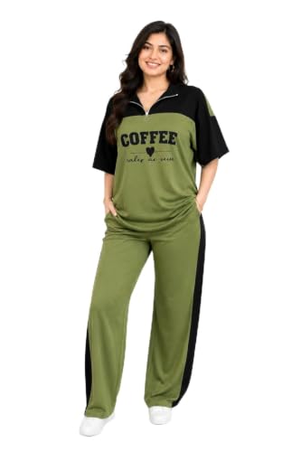 Image of Women's Printed Night Suit Set | Half Sleeve Zip Neck Top & Wide Leg Pyjama | Soft Cotton Blend Two Piece Sleepwear | Relaxed Fit Lounge Wear & Home Wear for Women