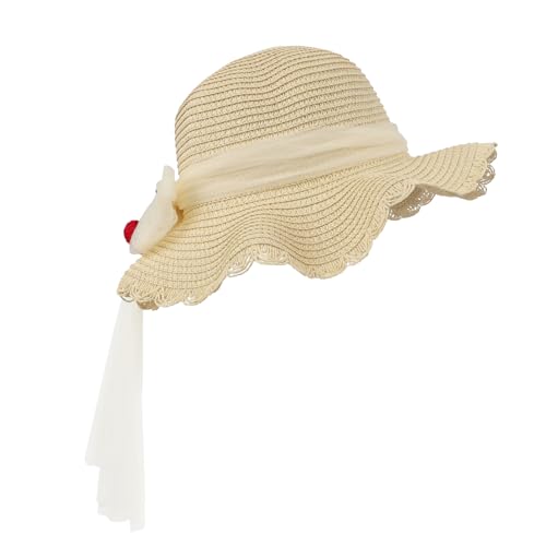 Strohhut Kinder Mädchen Kleinkind Sonnenhut Süßer Sommer Breite Krempe Strandhut Anti-UV Spitze Strandkappe Strand Hüte Rund Mütze Sommerhut mit Kirsche Dekoration Schleife für Urlaub Reise (Beige)