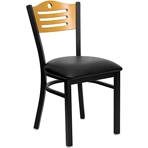 Image of Flash Furniture 2 Pack HERCULES Series Black Slat Back Metal Restaurant Chair - Natural Wood Back, Black Vinyl Seat
