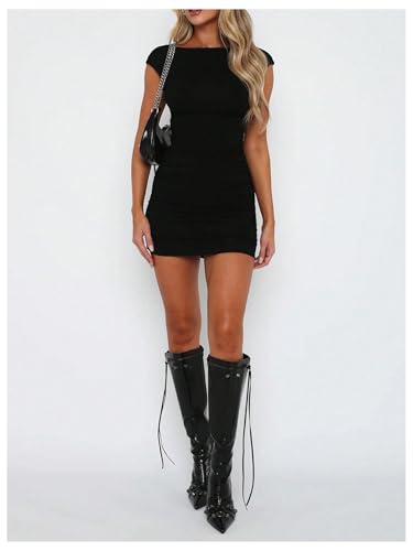 Image of SOLY HUX Backless Dresses for Women Cap Sleeve Boat Neck Fitted Mini Dress Party Club Rave Outfit