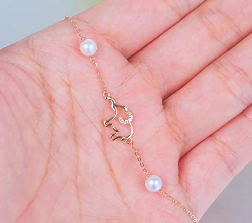 Image of SISGEM 10k Gold Diamond Elephant Bracelet for Women, Real Gold Pearl Lucky Jewelry Bracelets Present for Her, 6.4 inch+1 inch+1 inch