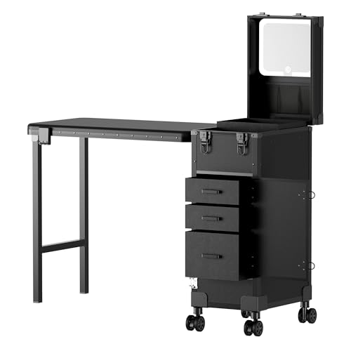 Joiemebi Table de Manucure Portable à roulettes avec 3 Tiroirs, Miroir LED et Organiseur, Trousse de Maquillage Voyage Verrouillable pour Technicien en Ongles, Poste de...