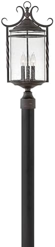 Hinkley Casa Large Post Top or Pier Mount Outdoor Lantern, Aluminum, Clear Seedy Glass, Wrought Iron Details, Hand Forged Scrolling, Olde Black Finish