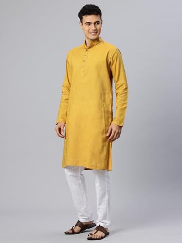 Image of Majestic Man Men's Cotton Regular Fit Traditional Mandarin Collar Ethnic Motifs Solid Long Kurta