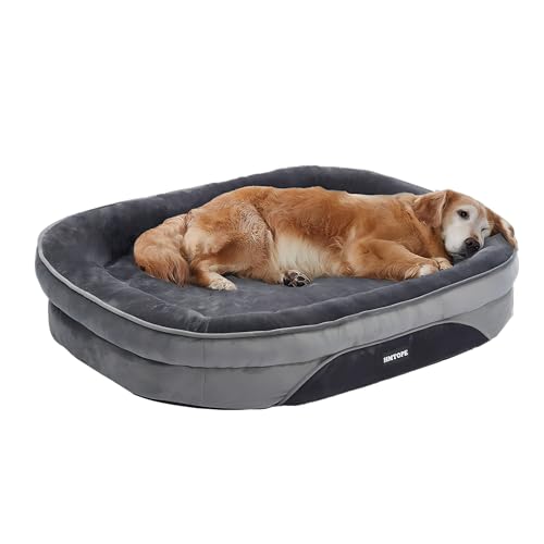 HMTOPE Orthopädisches Hundebett, Hundesofa, Vierseitiges Nackenrolle Kissen, rutschfeste Unterseite Hundekorb, Abnehmbar und Waschbar, Mittelgroße Hunde, Grosse Hunde, 106 x 79 x 17 cm, Dunkelgrau