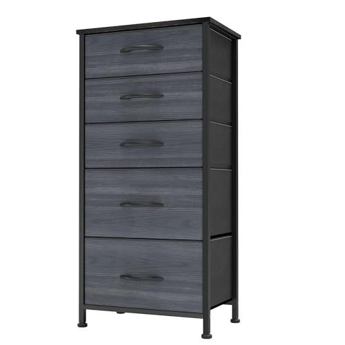 YITAHOME Comoda 5 Cajones,Cajonera de Tela,Sinfonier,Robusta Estructura metálica,Cómoda con Tapa de Madera,Grano de Madera Negra