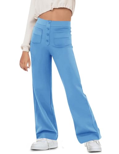 Flygo Girls Flare Yoga Pants Kids High Waisted Multiple Pockets Bell Bottoms Button Bootcut Stretchy Pants