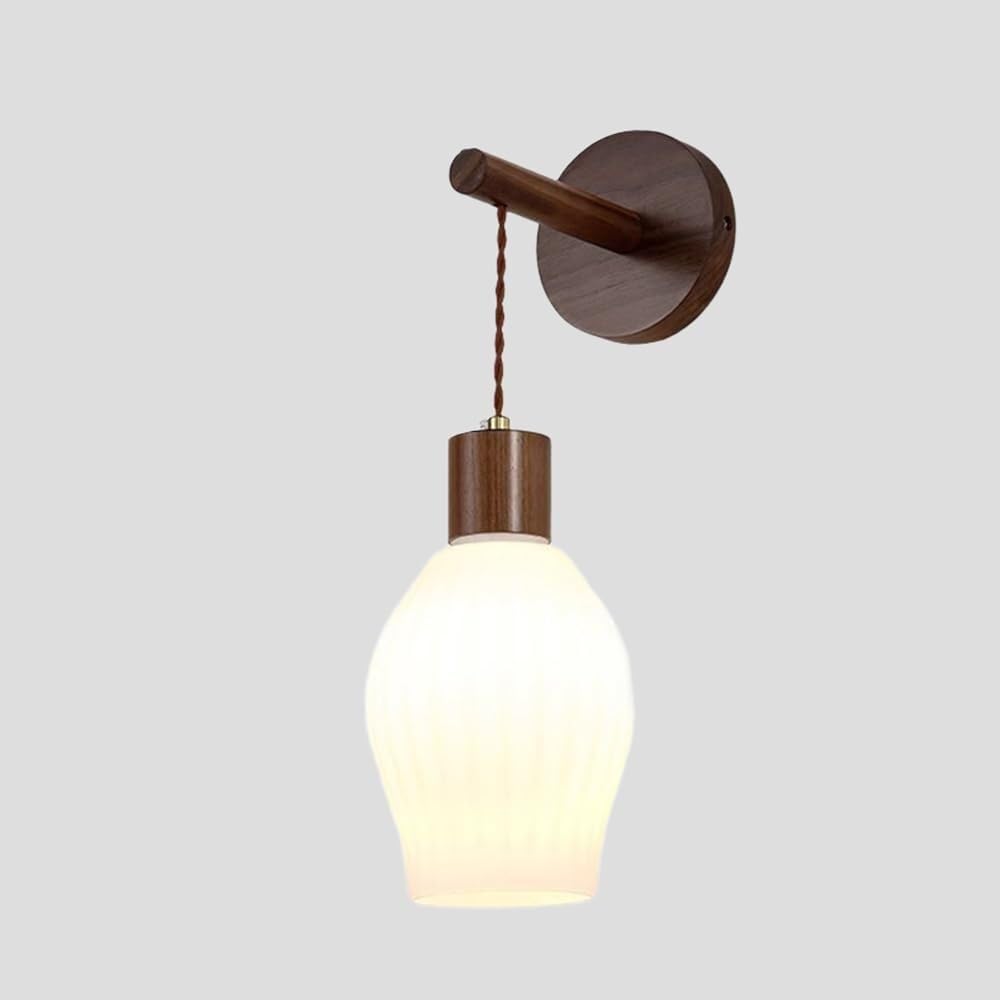 SXECAEPS Modern Vintage Wood Wall Lamp Glass Shade Lighting Sconce Walnut Color Lantern for Bedroom Bedside Living Room Study Corridor Entryway Restaurant(A)
