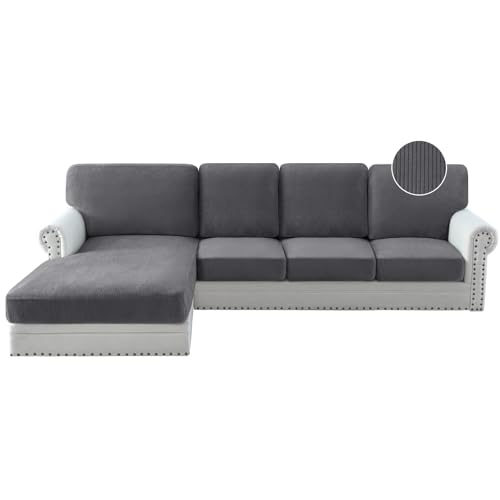 PrinceDeco Couch Cushion Covers for Sectional Sofa, Stretch Velvet Sofa Slipcovers Washable Wear Stain Resistant Furniture Protector for Living Room(1 PC Medium Back Couch Cover,Gray)
