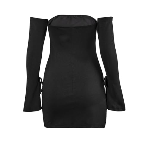 Image of Women Sexy Off Shoulder Side Slit Bodycon Mini Dress Ruched Long Flare Sleeve Night Club Party Dress