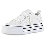 trendschuhe herren  VAN HILL Damen Plateau Sneaker Keilabsatz Denim Trendy Schuhe 216786 Weiss 37