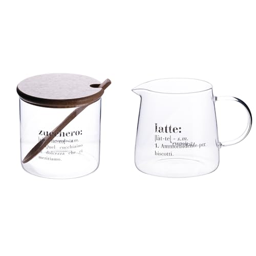 Villa d'Este Home Tivoli Victionary - Juego de jarra de leche y azucarero de cristal de 320 ml con tapa y cuchara de bambú transparente