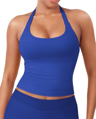 Image of YEOREO SoftHue Women's Impact Halter Tank Top Longline Backless Scoop Neck Built-in Bra Sports Workout Gym Crop Top
