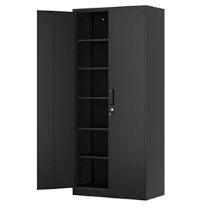Metal Storage Cabinet-71” Tall Steel File Cabinets with Lockable Doors and Adjustable Shelves-Black Steel Storage Cabinet for Home, School, Office, Garage