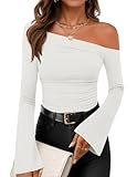 ZESICA Women's Off Shoulder Tops Bell Long Sleeve Shirts 2026 Spring Trendy Going Out Ruched Tight Fitted Y2K Clothes White X-Small