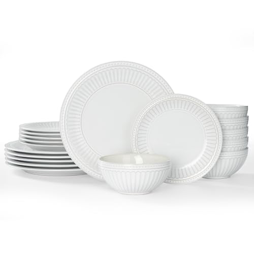 Image of Famiware Garden 18-Piece Embossed Plates and Bowls Sets, Stoneware Reactive Glaze Dishes Dinnerware Set, Modern Rustic, Chip & Scratch Resistant, Microwave & Dishwasher Safe, Service for 6, White