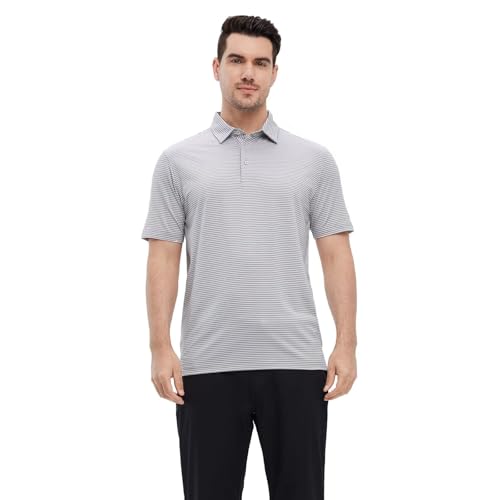 Image of Mens Golf Shirt Moisture Wicking Dry Fit Performance Sport Short Sleeve Striped Golf Polo Shirts for Men