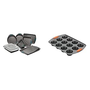 Rachael Ray Nonstick Bakeware Set with Grips and 12-Cup Muffin Tin – 11 Piece, Gray