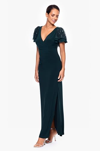Image of Betsy & Adam Women's Flutter Sleeve Sequin Embellished V-Neck Maxi Dress, Pine, 6