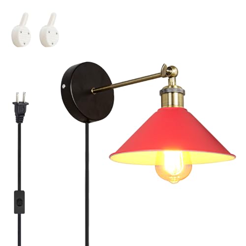 Image of ANYE Wall Sconce UL Plug-in Cord Bronze E26 Base Retro Minimalist Style Macaron Red Iron Shade Wall Light Fixture for Cabinet Kitchen Hotel Bulb Sold Separately