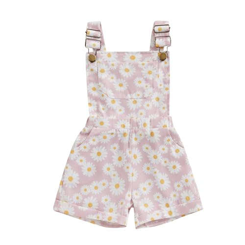 Image of Ayalinggo Toddler Baby Girl Sunflower Print Overalls Shorts with Pocket Suspender Trousers Cute Summer Clothing Outfit