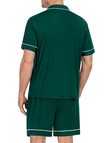 Image of SWOMOG Mens Pajama Set Short Sleeve 2 PCS Sleepwear Button Down Soft Loungewear Modal Set Pj Set with Pockets S-3XL Christmas Green XX-Large