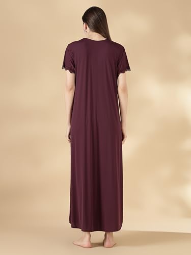 Image of 9shines Label Stylish Soft Modal Maxi Nighty | Honeymoon Nighty | Full Length Trendy Nightgown | V-Neck Lace | Premium Nightdress | Soft Long Nightdress | Maxi Gown Nightwear for Women (Malai Satin)