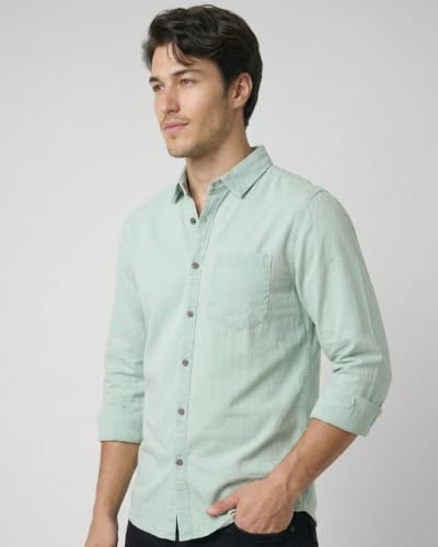 Image of Amazon Brand - INKAST Men Washed Cotton Twill Denim Casual Button Down Shirt | Full Sleeves | Regular Fit | Stylish Summer - Everyday Wear