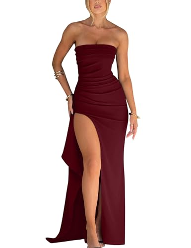 YMDUCH Women's Elegant Strapless Bodycon Ruched Ruffle High Split Long