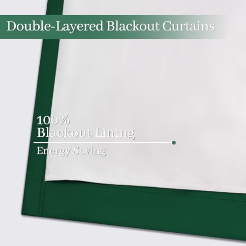 Yakamok 100% Blackout Curtains Dark Green Room Darkening Thermal Insulated with 2 Thick Layers-Hunter Green Window Drapes Set of 2 Panels for Bedroom Living Room 52 Inches by 84 Inches Length