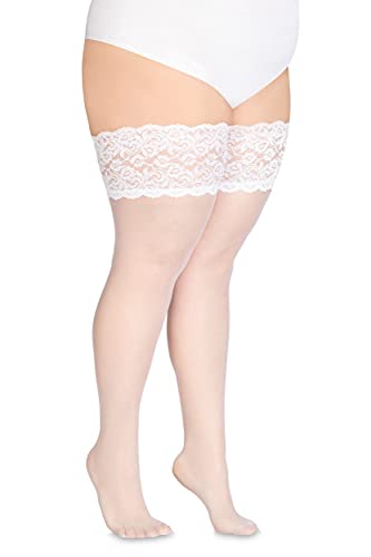 Annes styling Cecile Bas de cuisse opaques en dentelle transparente pour femme 20 deniers avec silicone antidérapant, blanc, XL-XXL