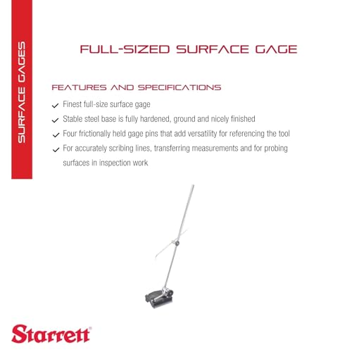 Image of Starrett Full-Sized Surface Gage with Fully Hardened, Ground and Nicely Finished Stable Steel Base - 12 inch /18 inch Spindle Length, 3-1 /2 x 3-3 /16 inch Base Size - 257D