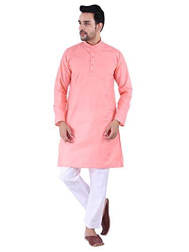 Image of JEXI Men's Cotton Blend Solid Kurta Pyjama Set - Knee-Length, Mandarin Collar, Full Sleeve, Ethnic Wear