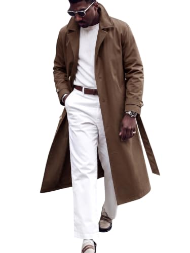 Image of Runcati Mens Trench Coat Single Breasted Notch Lapel Belted Long Overcoat