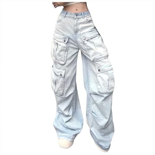 Womens Baggy Cargo Jeans Trendy Y2K Wide Leg Denim Pants Hip Hop Streetwear Vintage Long Trousers with Multi Pockets