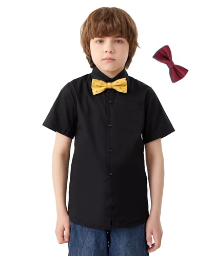 Boys Short Sleeve Dress Shirts Solid Poplin Soft Stretch Fabrics with Two Bow Tie Set4